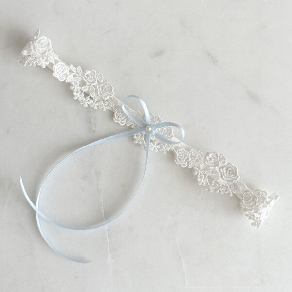 Lace Flower Garter with Blue Ribbon