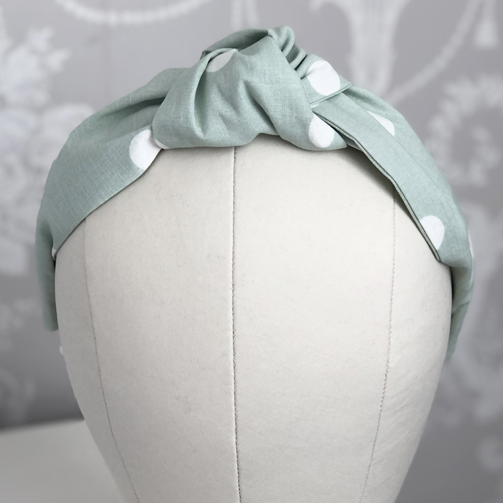 Knotted Headband Green Dotty on head